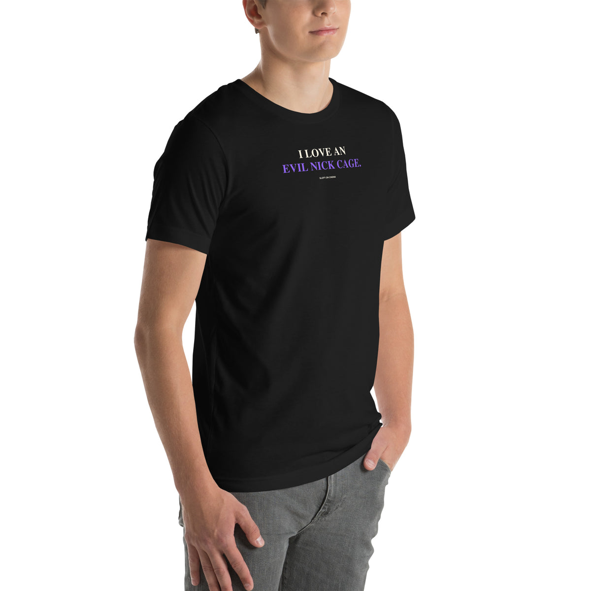 Evil Nick Cage T-Shirt — Slept-On Cinema, black T-shirt, product view 6