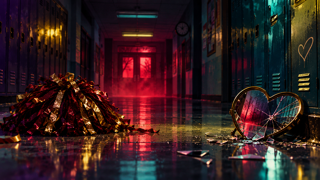 Original illustration of a moody high school corridor and cracked heart mirror for Jennifer's Body (2009)