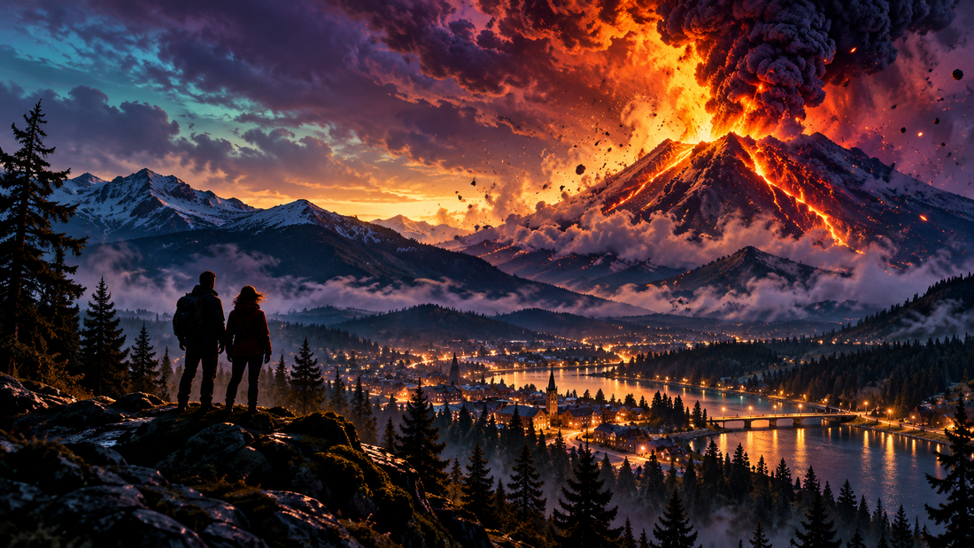 Original Slept-On Cinema Dante's Peak (1997) review artwork: erupting volcano above a mountain town