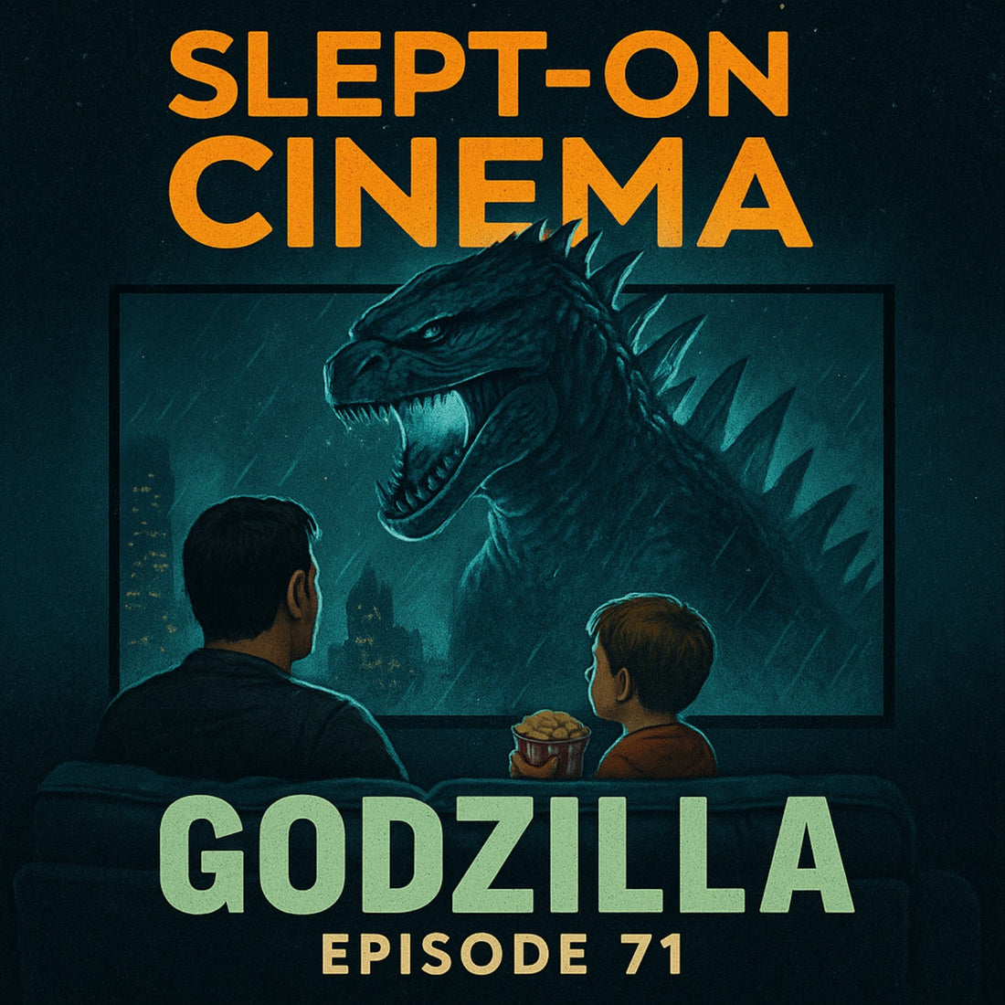 Slept-On Cinema Godzilla (1998) artwork showing the monster in a movie theater