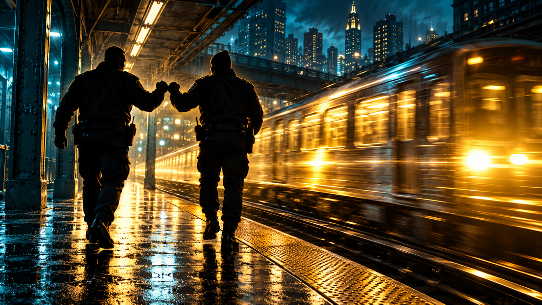 Original Slept-On Cinema Money Train (1995) review artwork: two transit officers beside a speeding subway