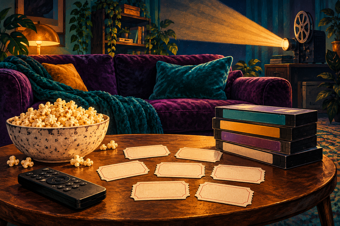 Original Slept-On Cinema illustration of a cozy room with a purple sofa, teal blanket, popcorn, and VHS tapes for an unhurried Sunday movie.