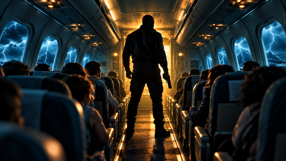 Original Slept-On Cinema Passenger 57 (1992) review artwork: hero in a storm-lit airliner cabin