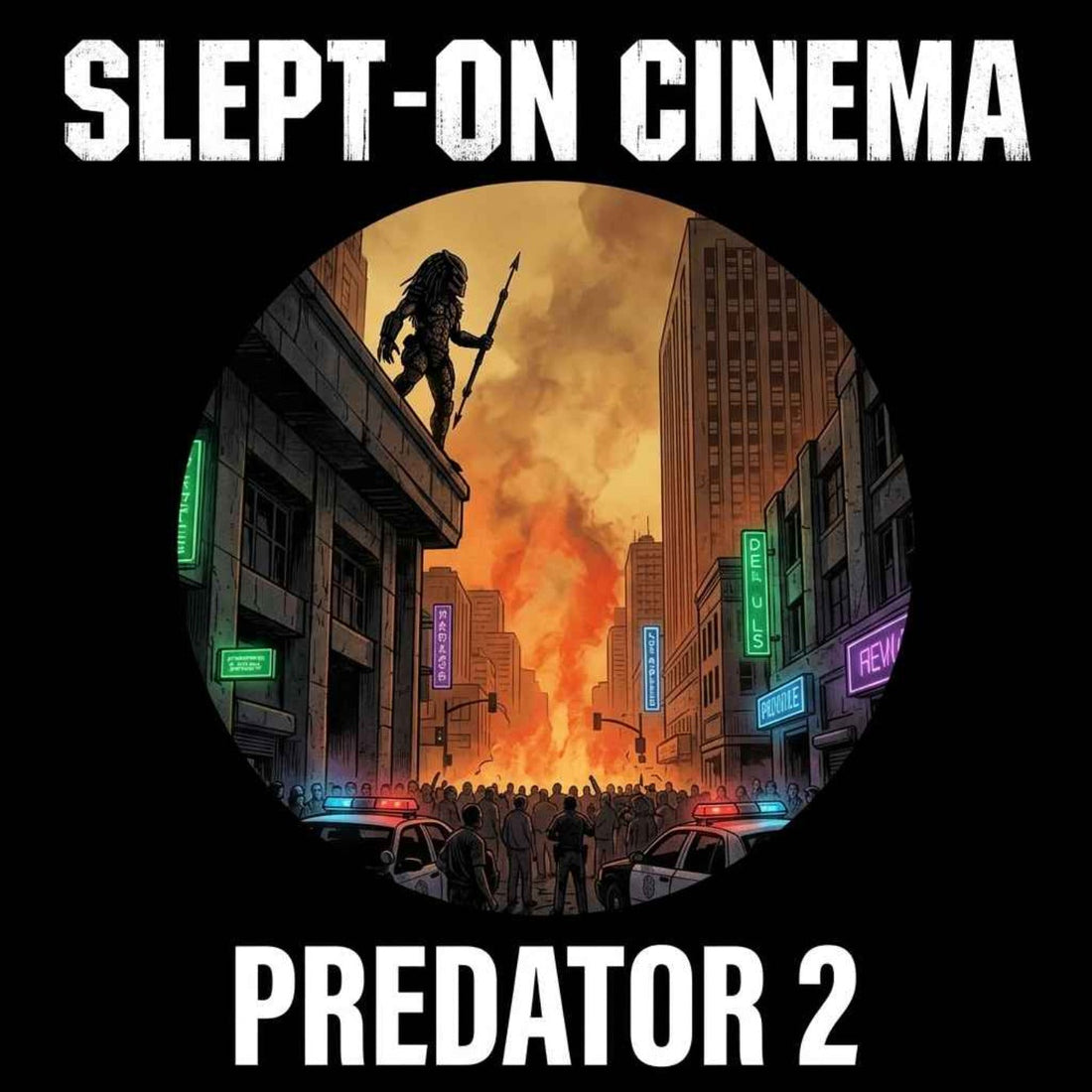 Slept-On Cinema Predator 2 (1990) artwork showing a hunter above a city street