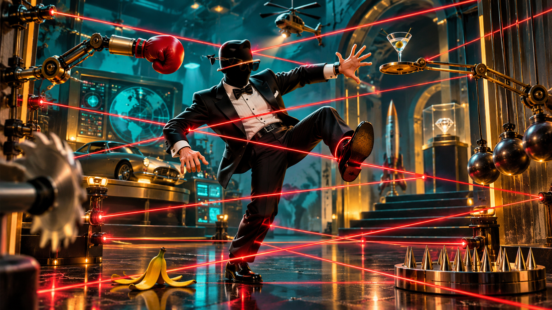 Original Slept-On Cinema Spy Hard (1996) review artwork: tuxedo spy in a comic laser trap