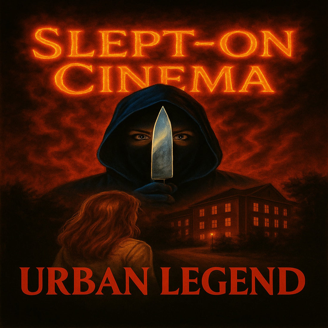 Slept-On Cinema Urban Legend (1998) artwork with a hooded killer on a dark campus — featured in our movie guide