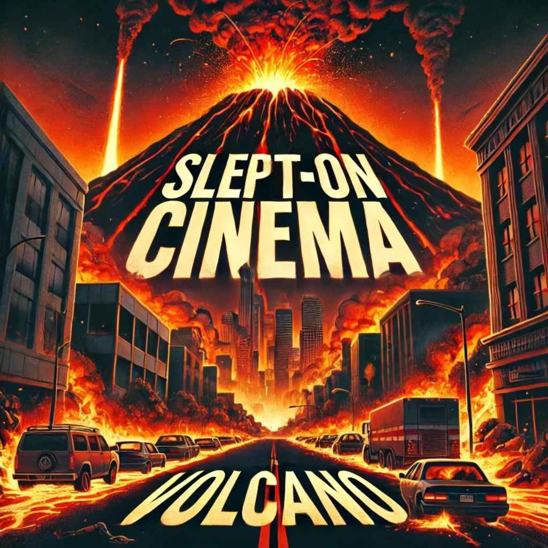 Slept-On Cinema Volcano (1997) episode artwork showing an eruption above a city street