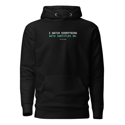 Subtitles On Hoodie — Slept-On Cinema, black garment, product view 1