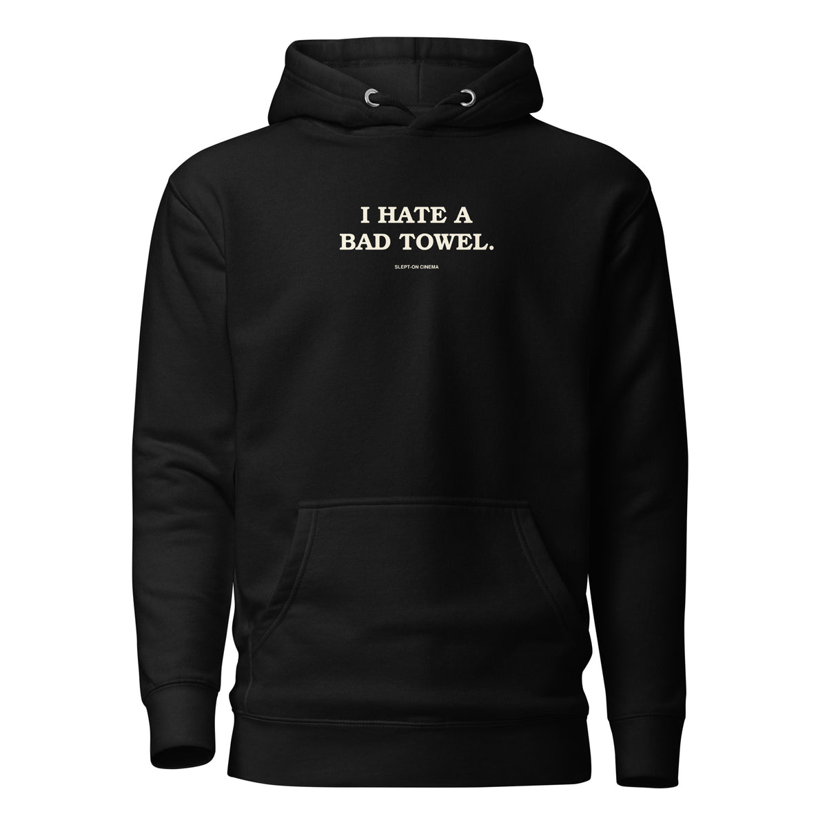Bad Towel Hoodie — Slept-On Cinema, black garment, product view 1
