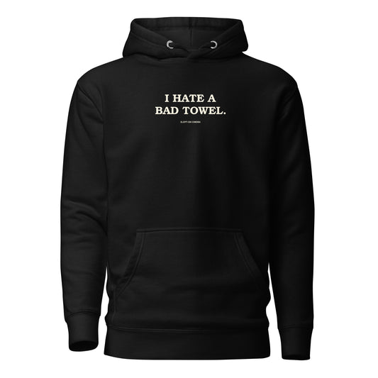 Bad Towel Hoodie — Slept-On Cinema, black garment, product view 1