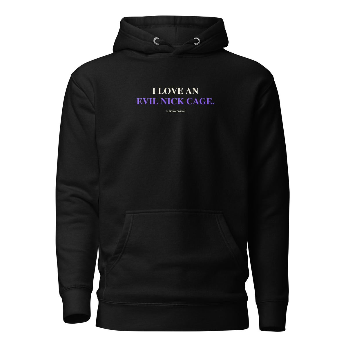 Evil Nick Cage Hoodie — Slept-On Cinema, black garment, product view 1