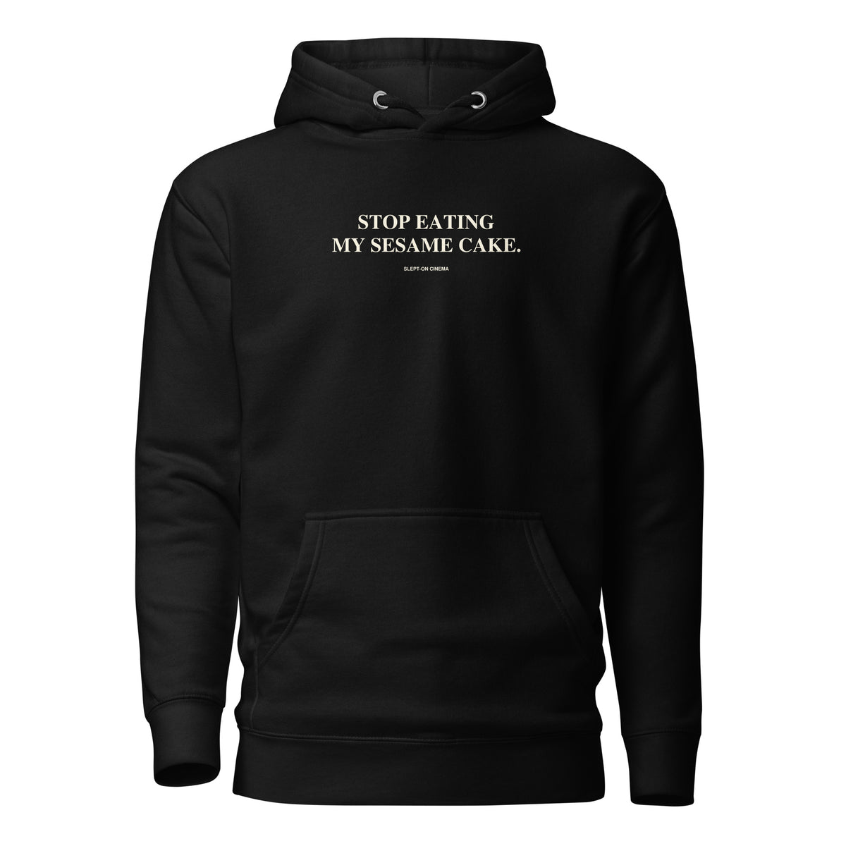 Sesame Cake Hoodie — Slept-On Cinema, black garment, product view 1