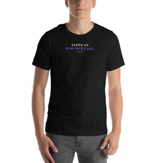 Evil Nick Cage T-Shirt — Slept-On Cinema, black T-shirt, product view 1