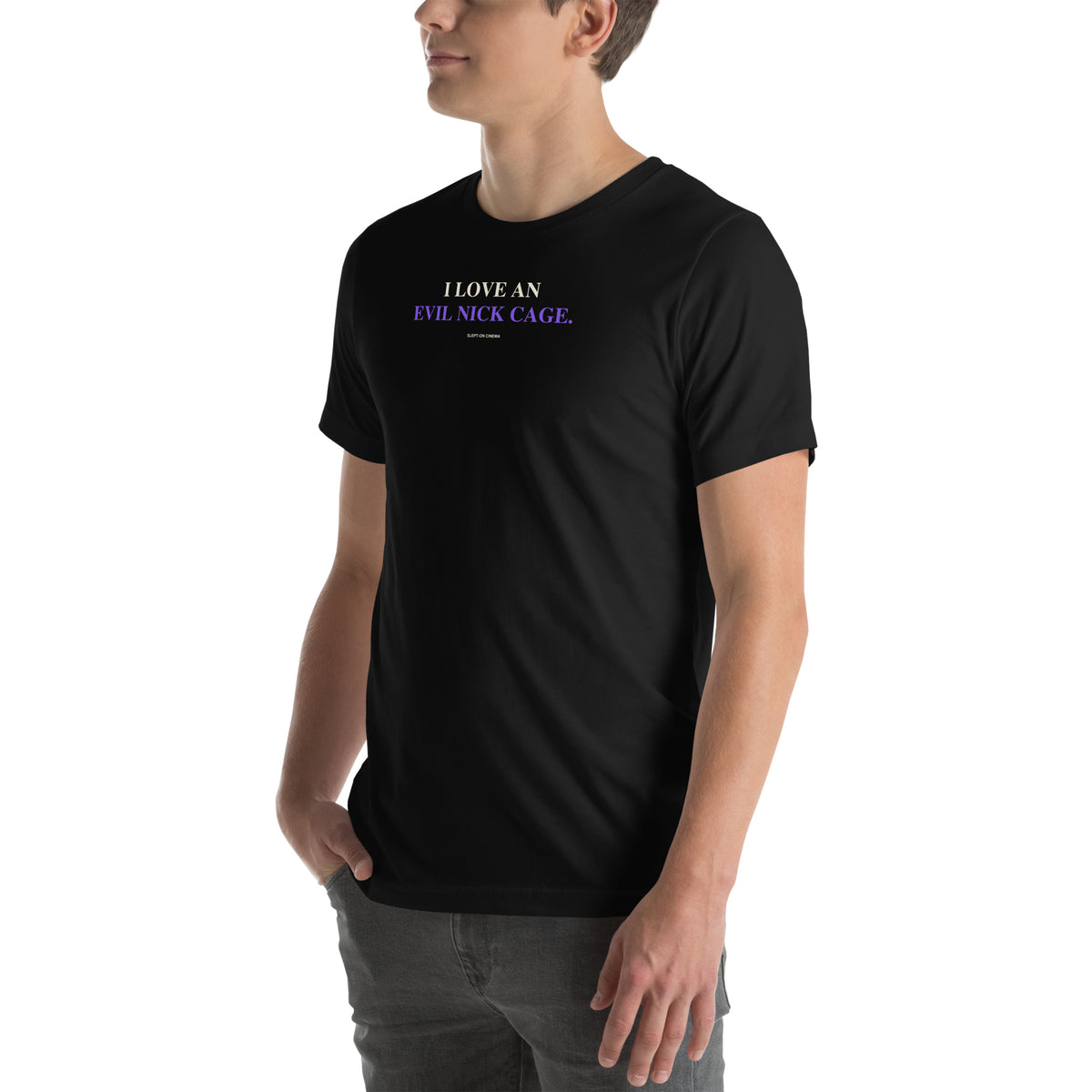 Evil Nick Cage T-Shirt — Slept-On Cinema, black T-shirt, product view 4